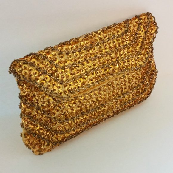 Vintage Yellow Gold Beaded Sequined Evening Accessory Clutch/Handbag/Purse - Picture 6 of 13